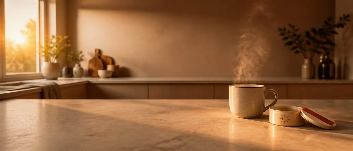 A sun-flooded kitchen at first light