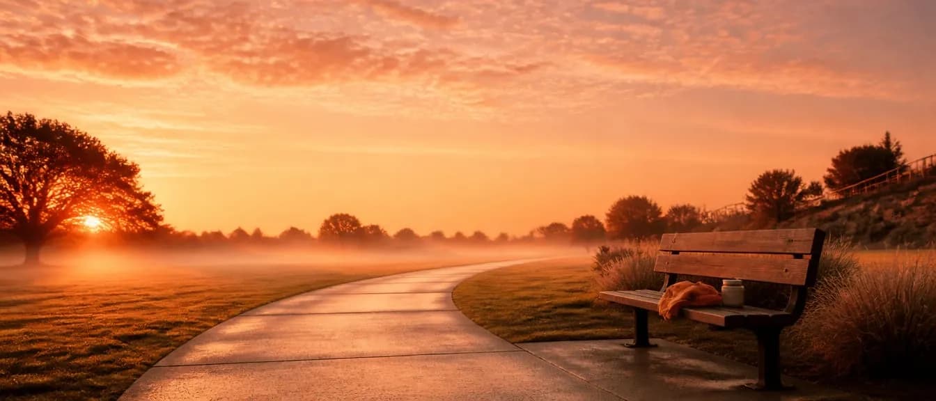 A quiet neighborhood path at dawn after a run