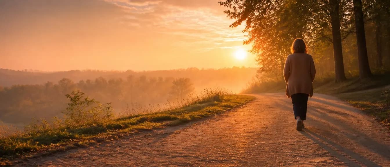 A quiet tree-lined walking path at sunrise