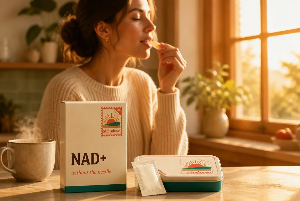 A warm morning ritual at first light — coffee and a StripDose tin on the counter