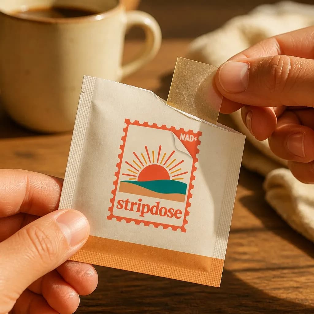 Two hands tearing open a cream sachet to reveal a coral strip